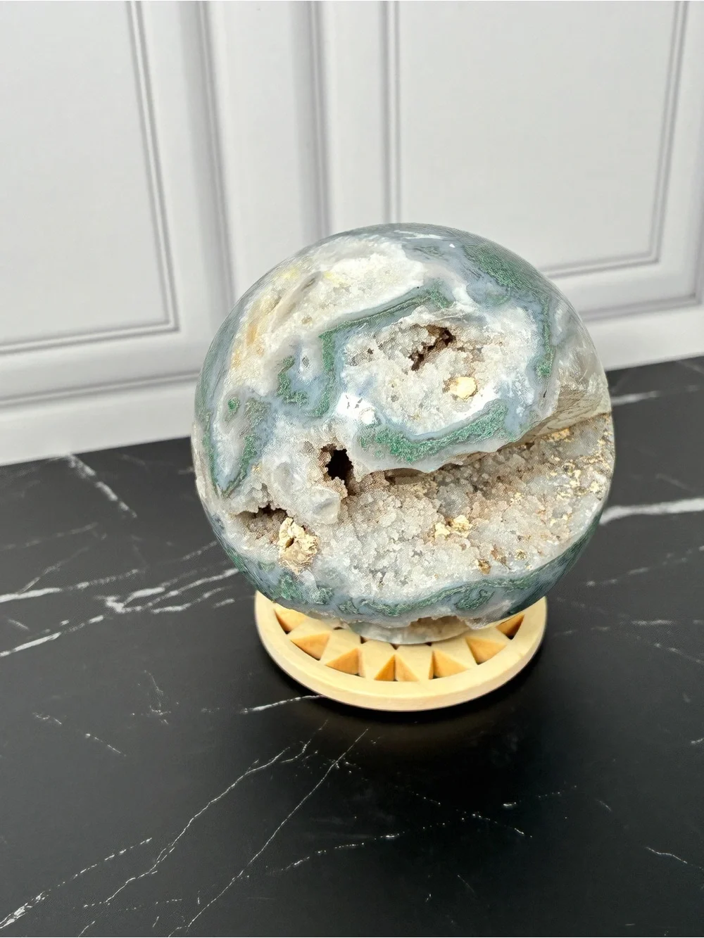 Emerald Dreamscape — Moss Agate Druzy Sphere & Tower Crystal Set